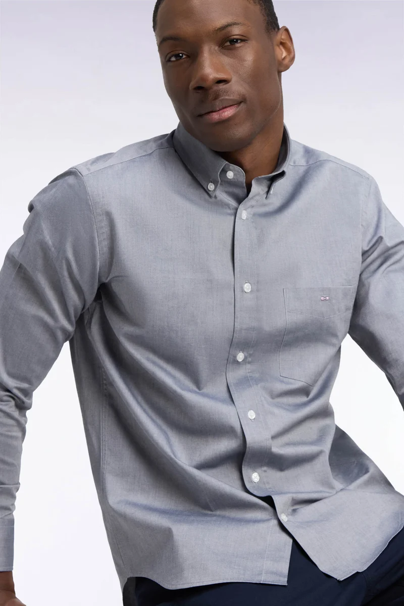 Chemise unie en coton marine coupe droite