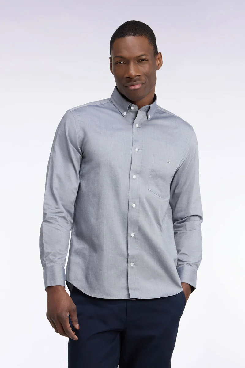 Chemise unie en coton marine coupe droite