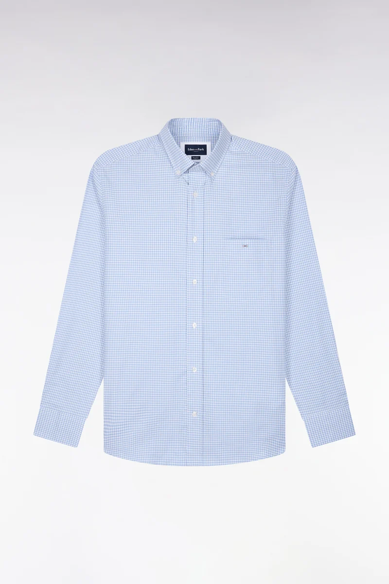 Chemise en coton à carreaux Vichy bleu ciel coupe droite