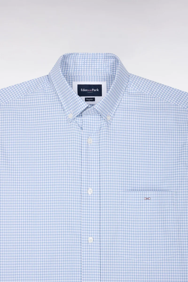 Chemise en coton à carreaux Vichy bleu ciel coupe droite