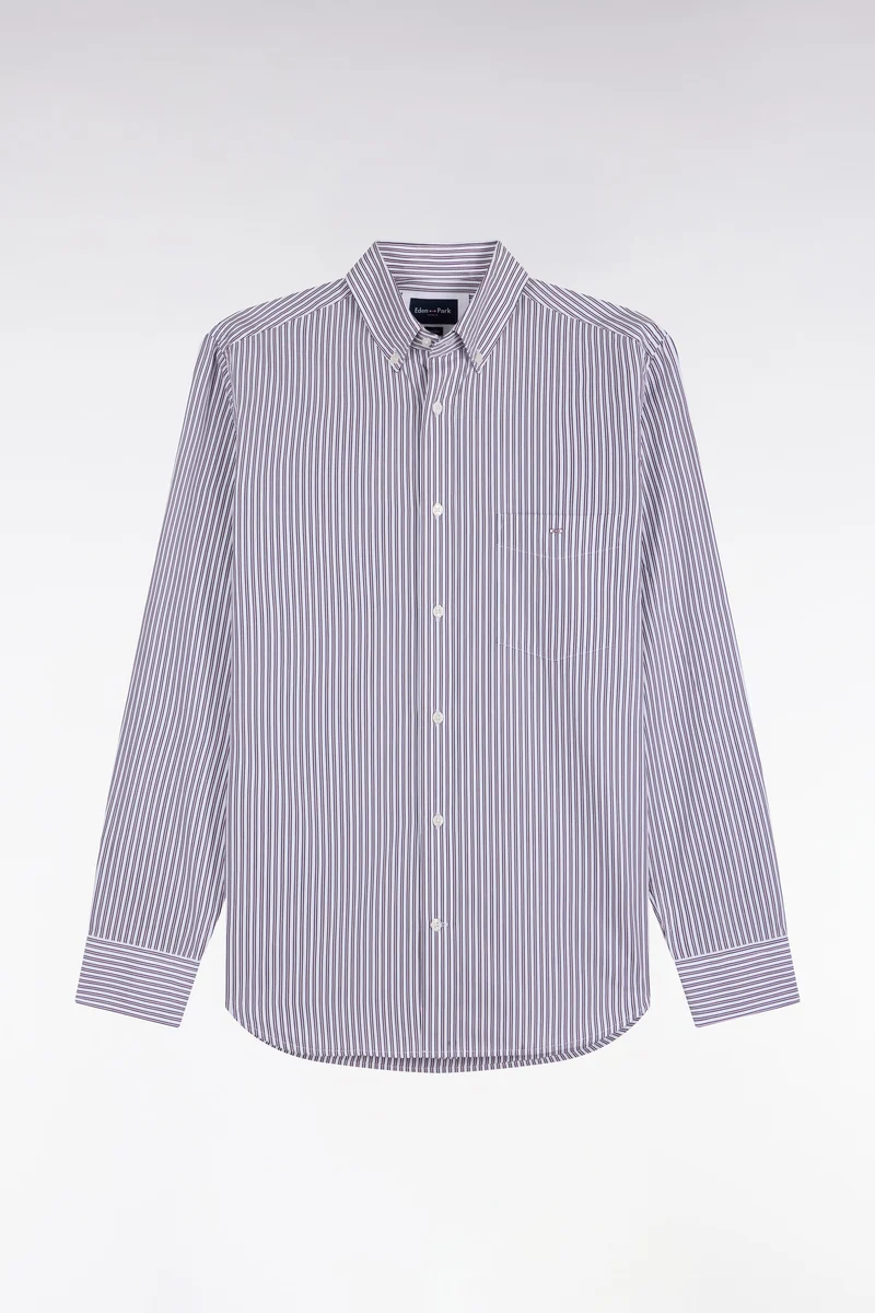 Chemise en coton à rayures marine et rose coupe droite