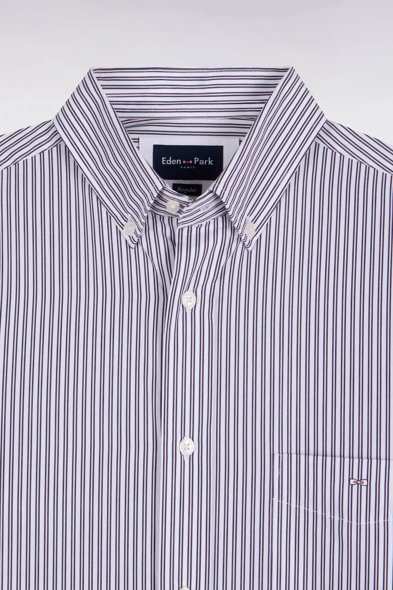 Chemise en coton à rayures marine et rose coupe droite
