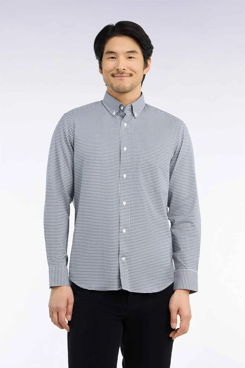 Chemise en coton à carreaux Vichy marine coupe droite
