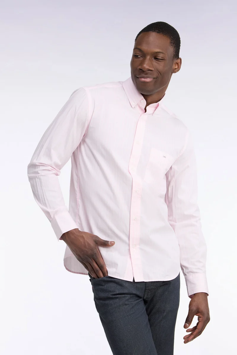 Chemise en coton blanc tissé à rayures roses coupe droite