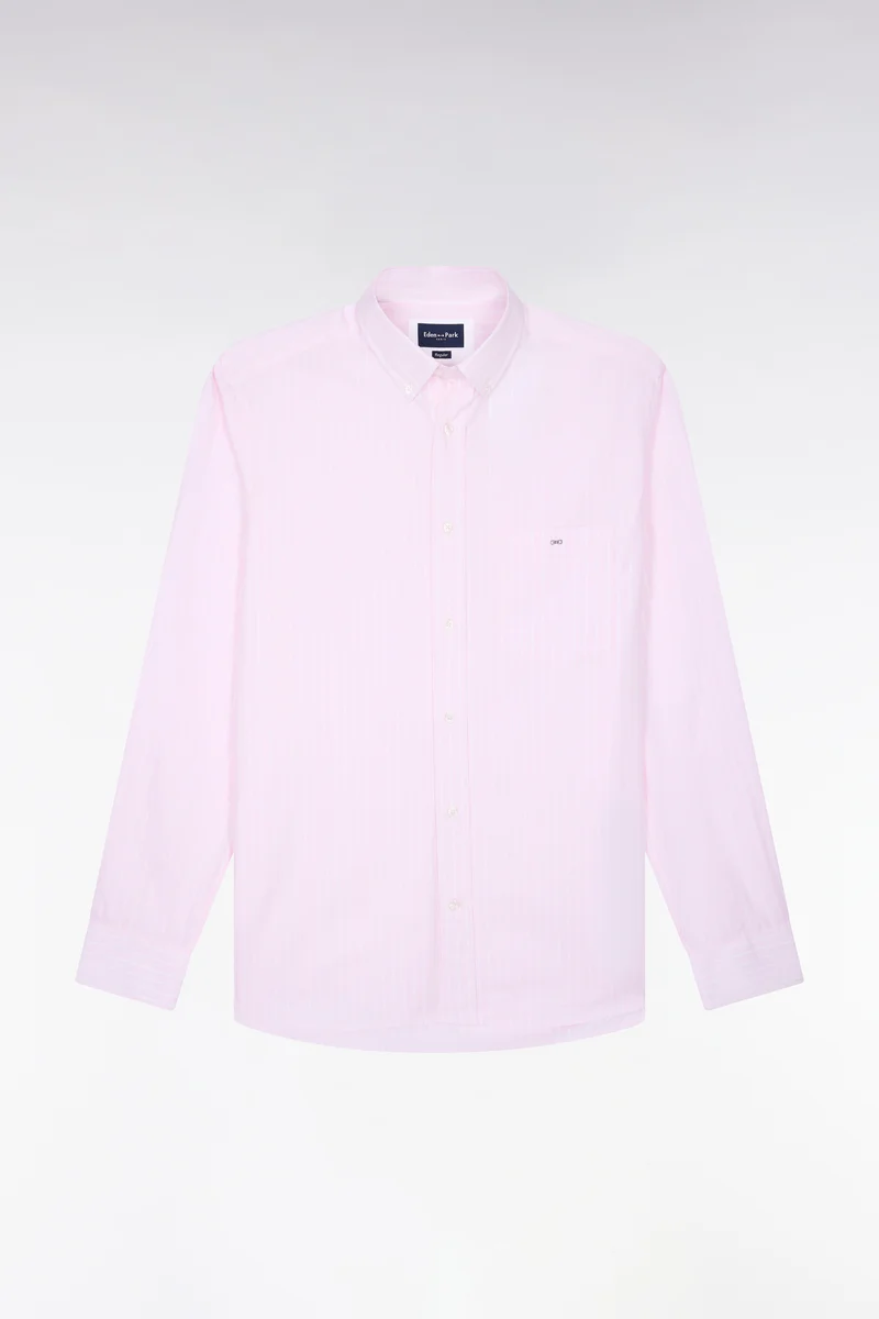 Chemise en coton blanc tissé à rayures roses coupe droite