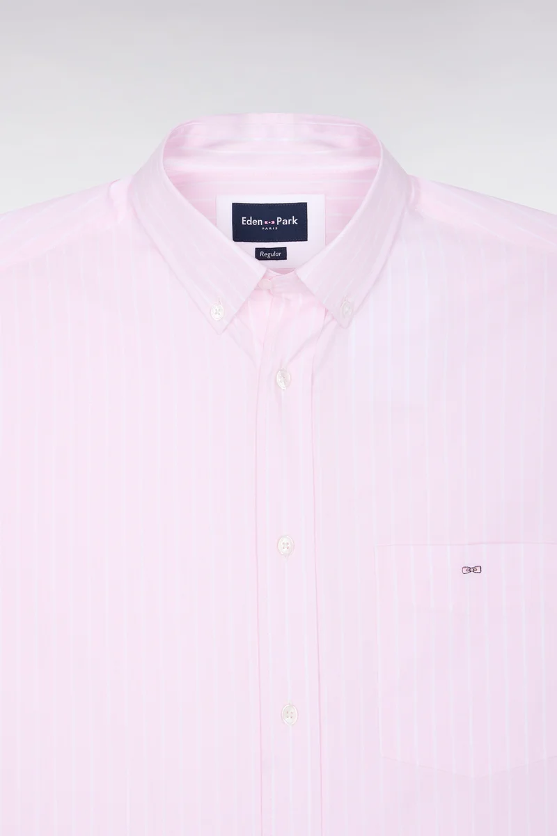 Chemise en coton blanc tissé à rayures roses coupe droite
