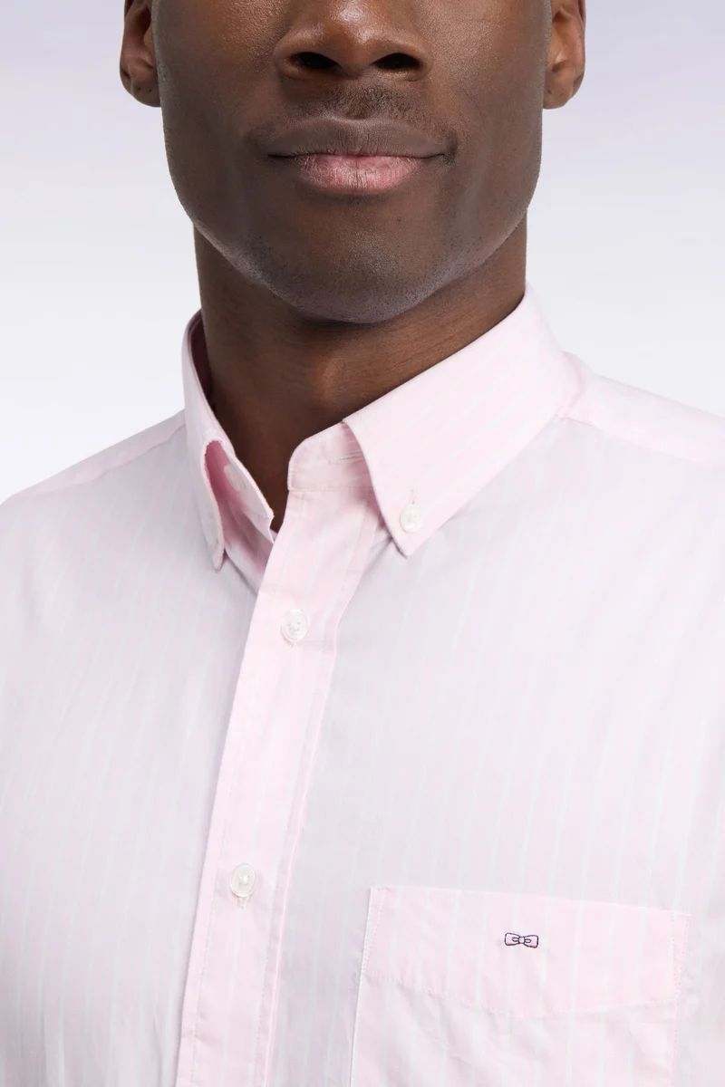 Chemise en coton blanc tissé à rayures roses coupe droite