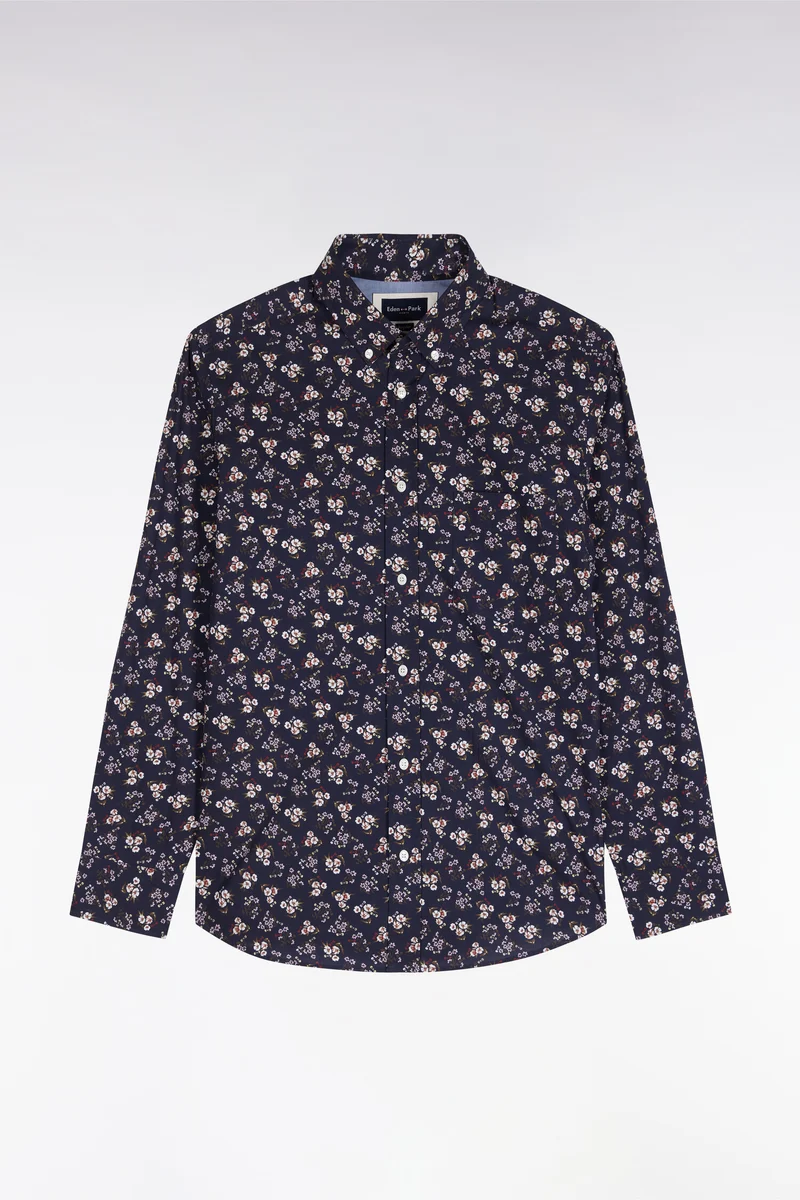 Chemise en coton marine à micromotifs fleurs coupe droite
