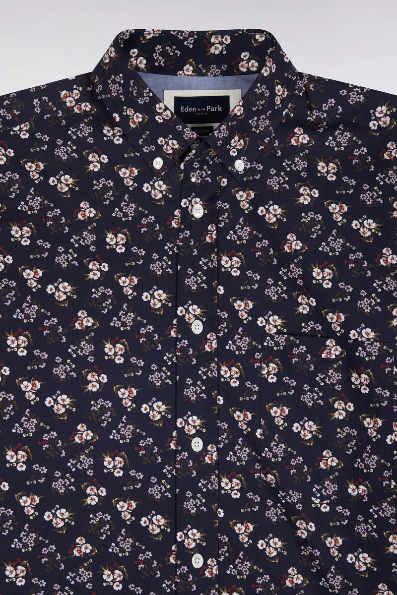 Chemise en coton marine à micromotifs fleurs coupe droite