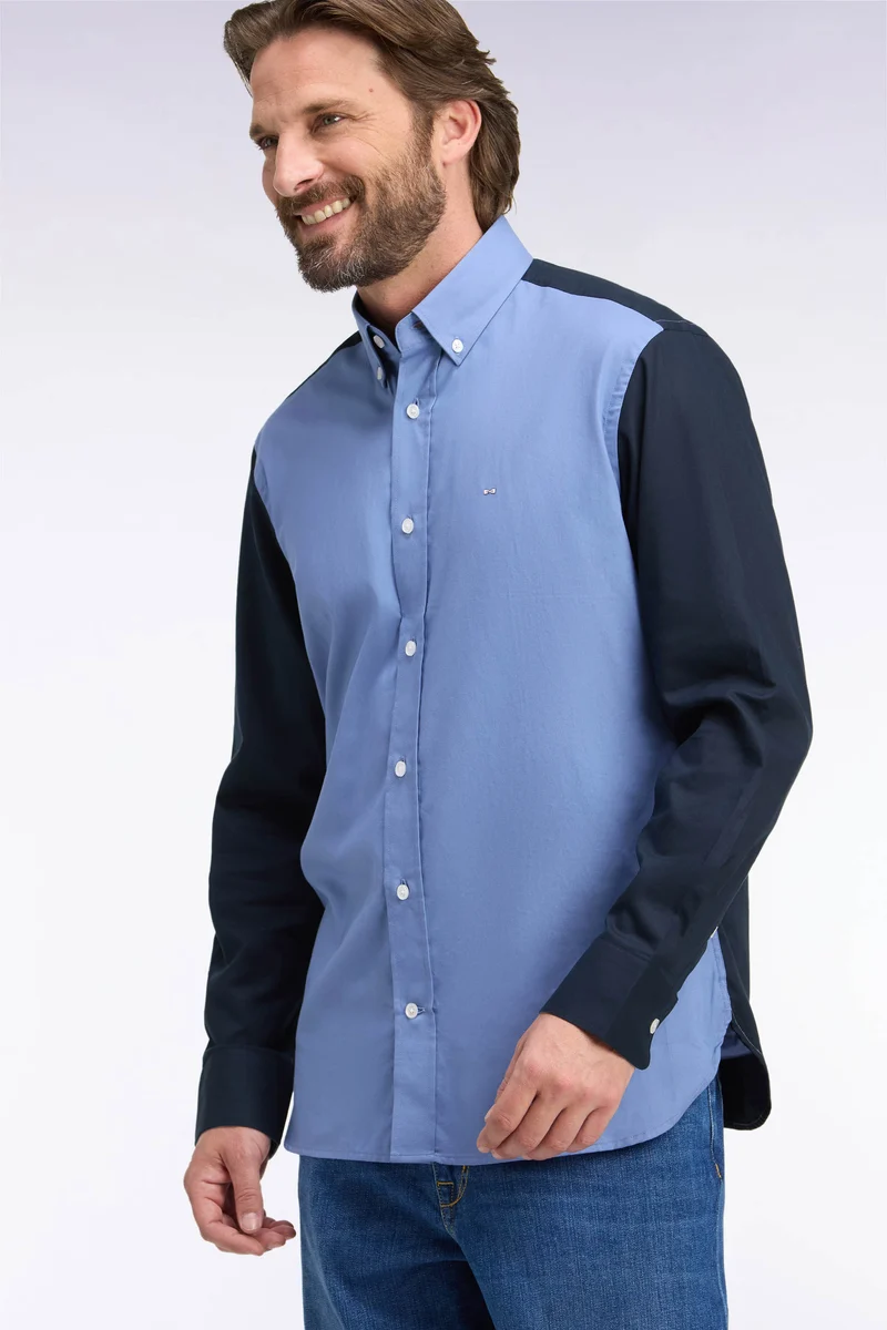 Chemise bicolore en coton oxford ciel patch dos coupe droite