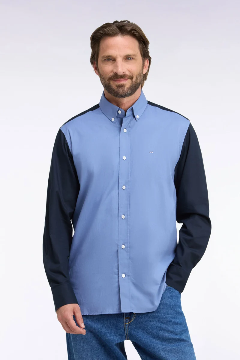Chemise bicolore en coton oxford ciel patch dos coupe droite