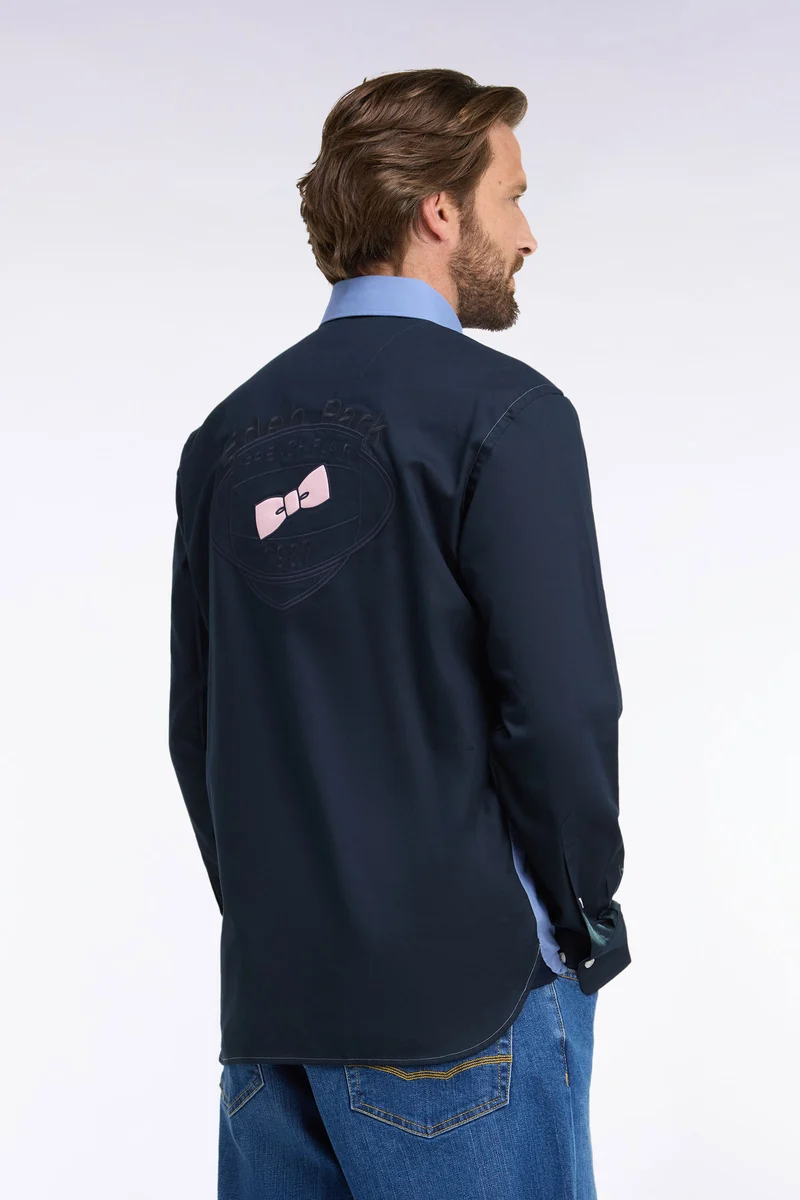 Chemise bicolore en coton oxford ciel patch dos coupe droite