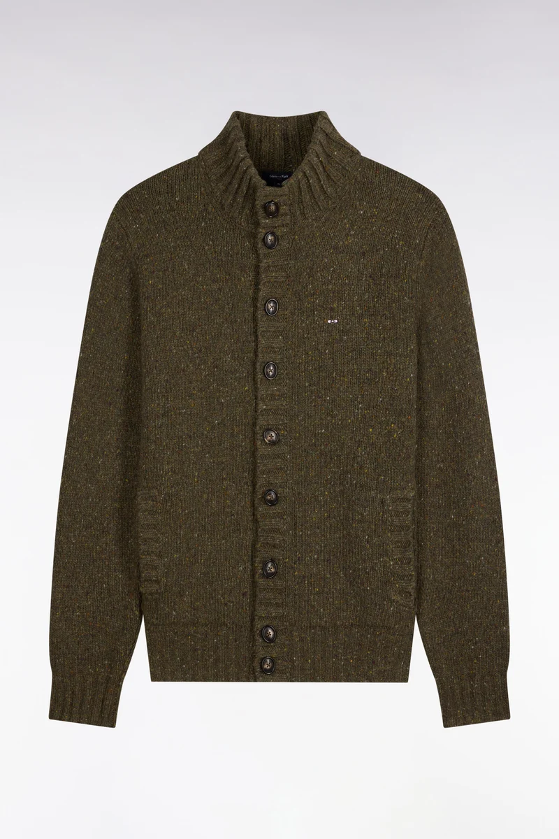 Cardigan boutonné en maille épaisse chinée kaki coupe droite