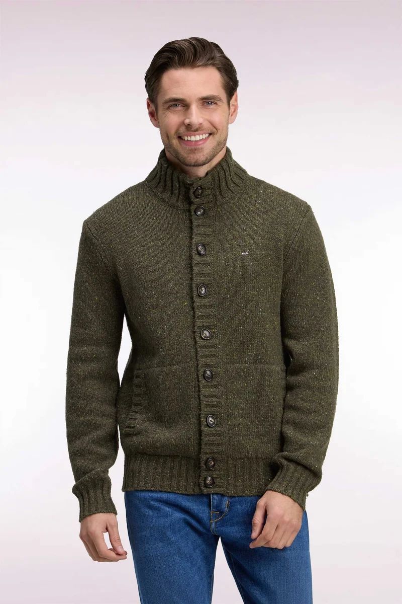 Cardigan boutonné en maille épaisse chinée kaki coupe droite