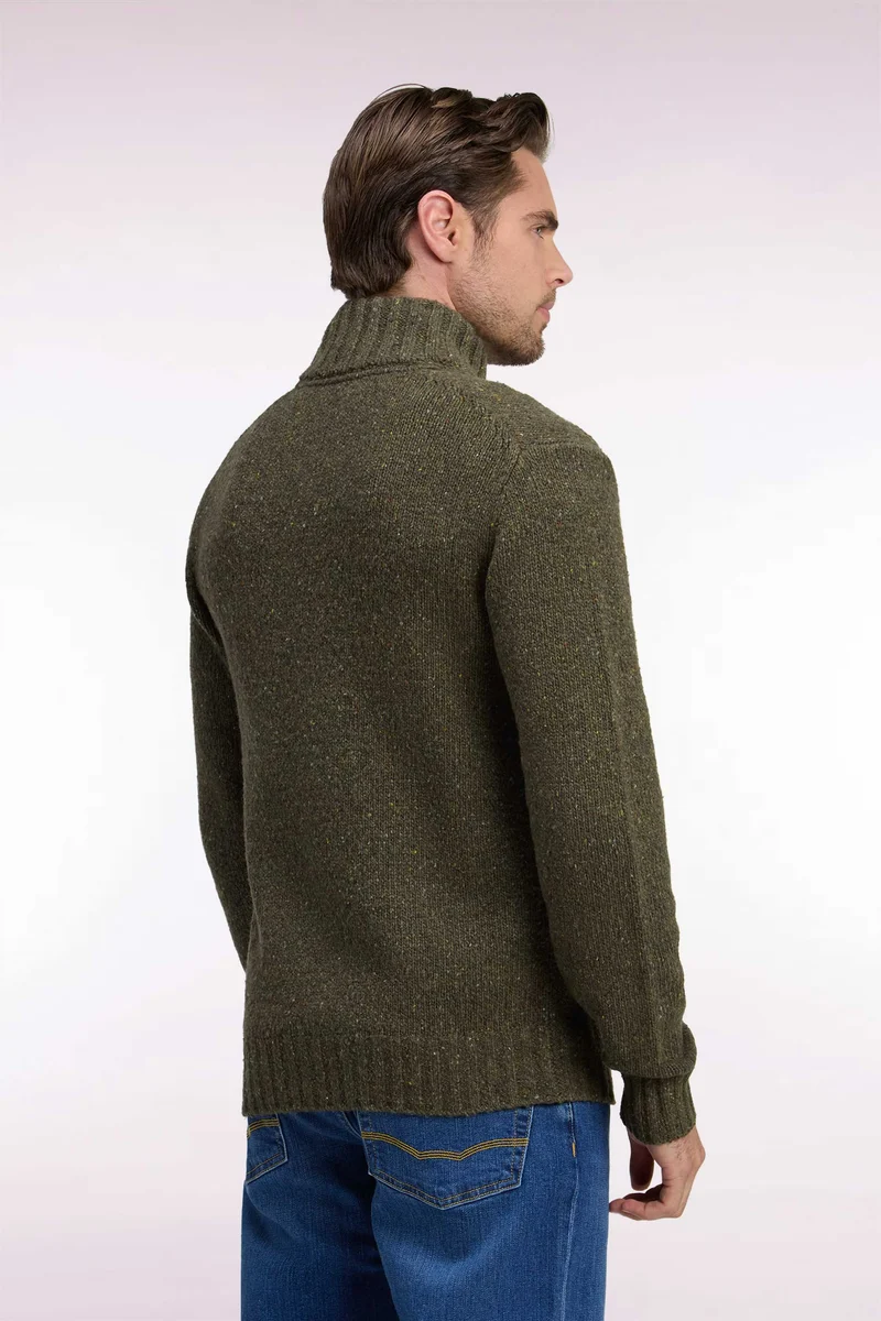 Cardigan boutonné en maille épaisse chinée kaki coupe droite