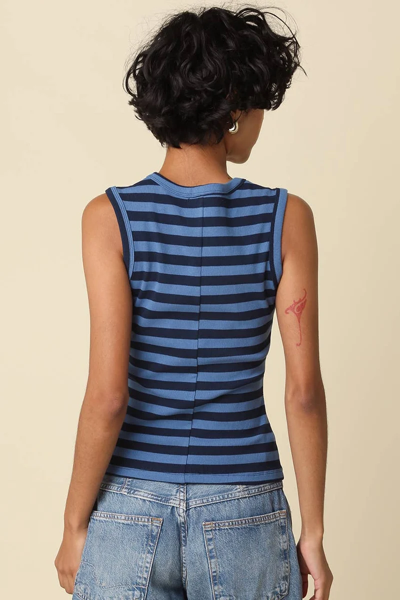Striped V-Neck Tank Top: Dk Blue Navy