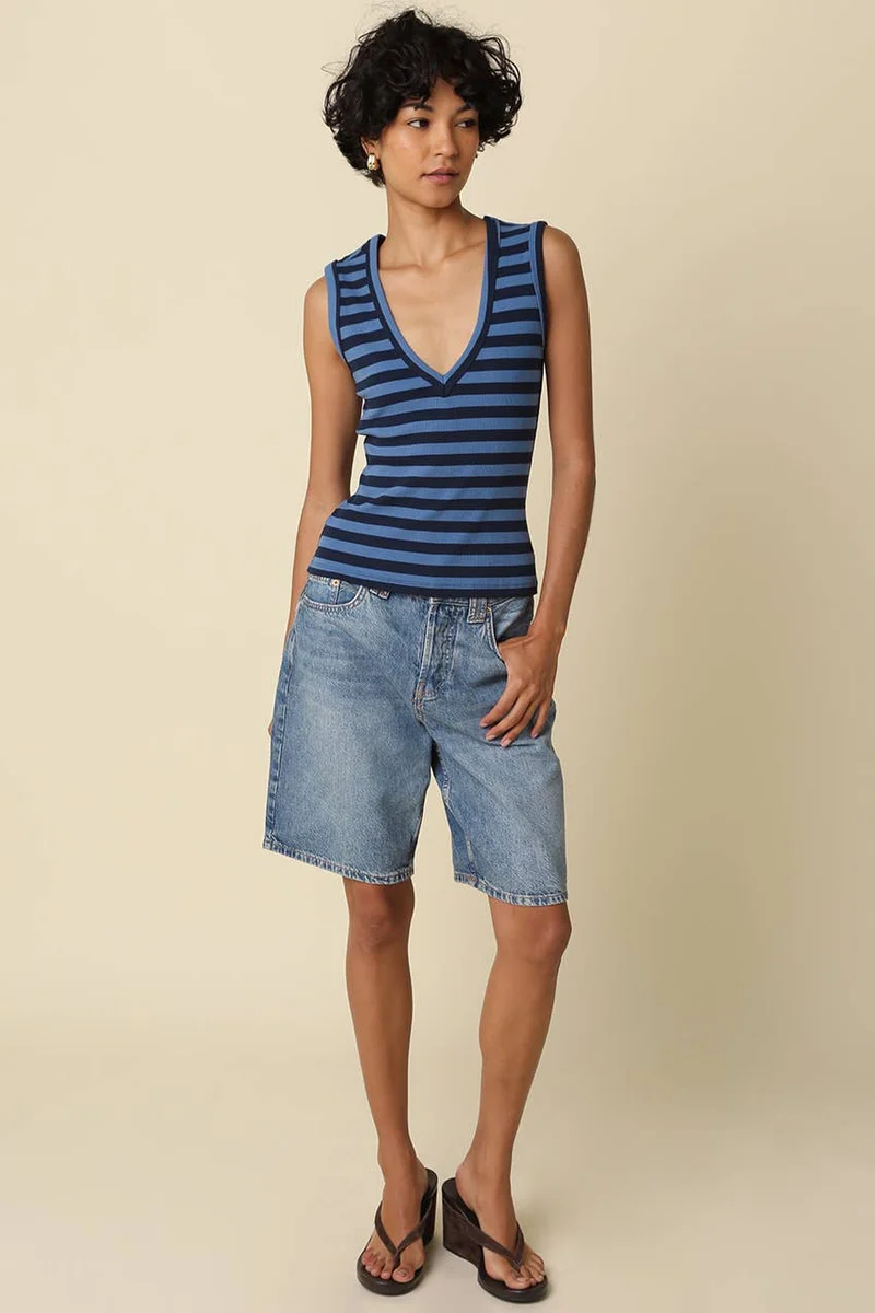 Striped V-Neck Tank Top: Dk Blue Navy