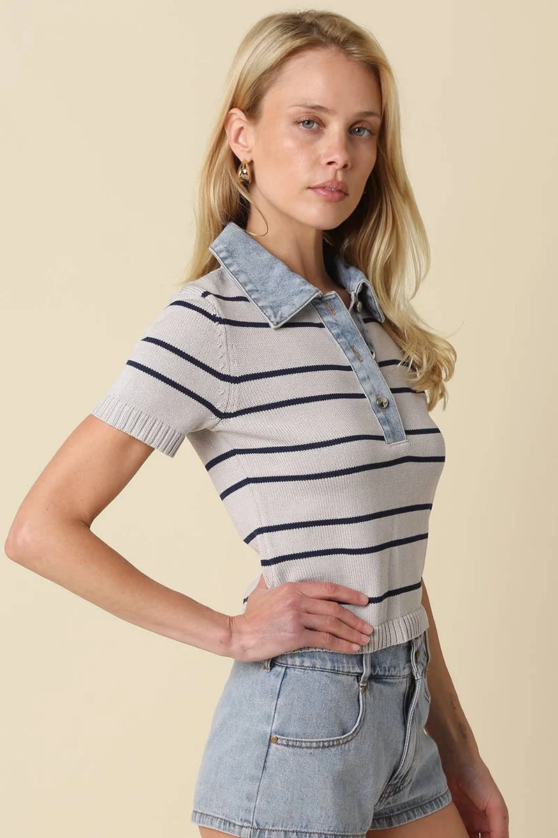 Striped Contrast Collar Crop Top