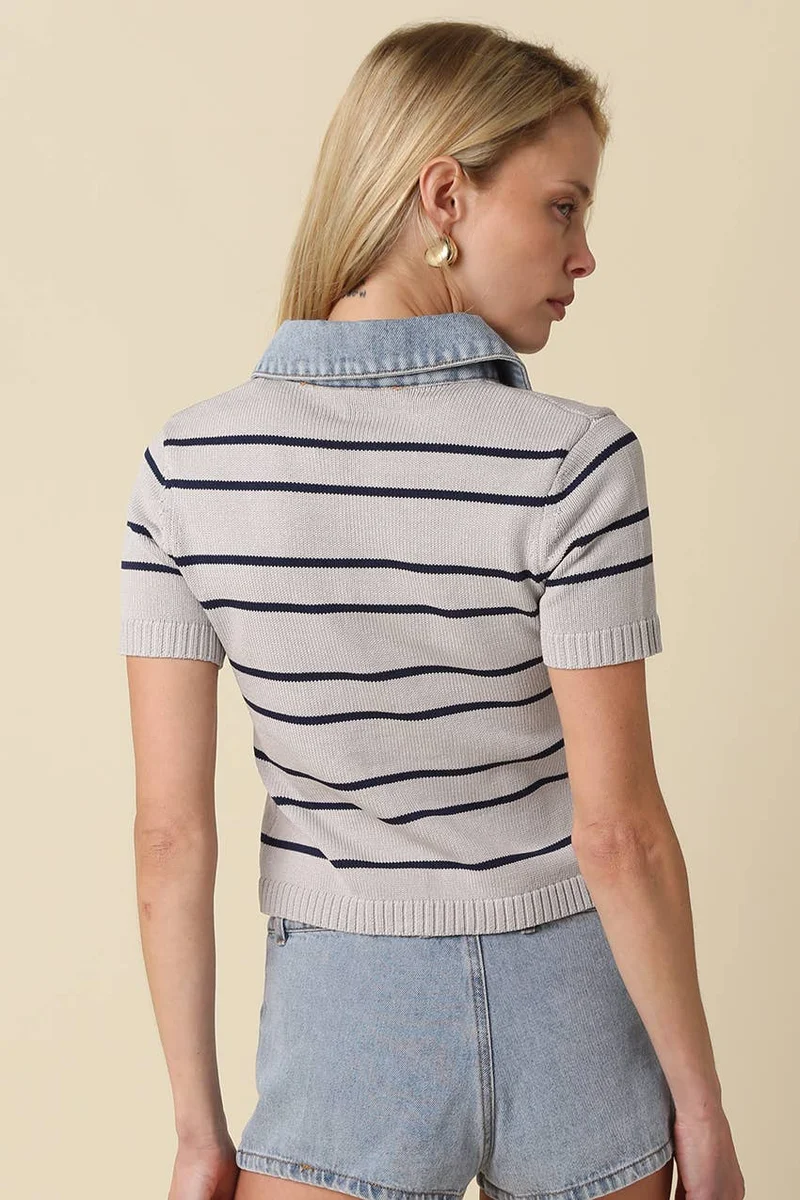 Striped Contrast Collar Crop Top