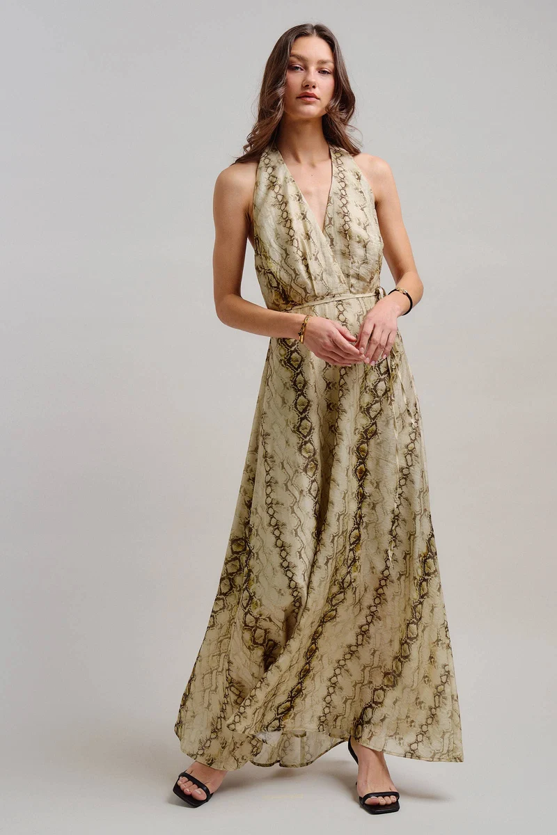 Snake Print Tencel Linen Halter Maxi