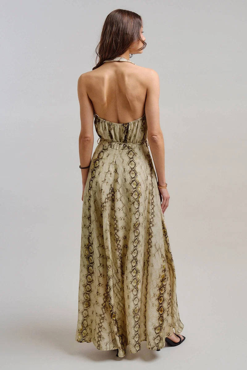 Snake Print Tencel Linen Halter Maxi