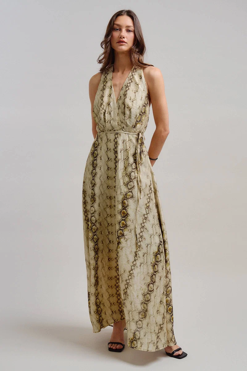 Snake Print Tencel Linen Halter Maxi
