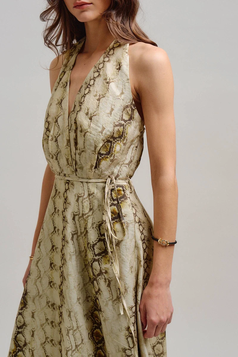 Snake Print Tencel Linen Halter Maxi