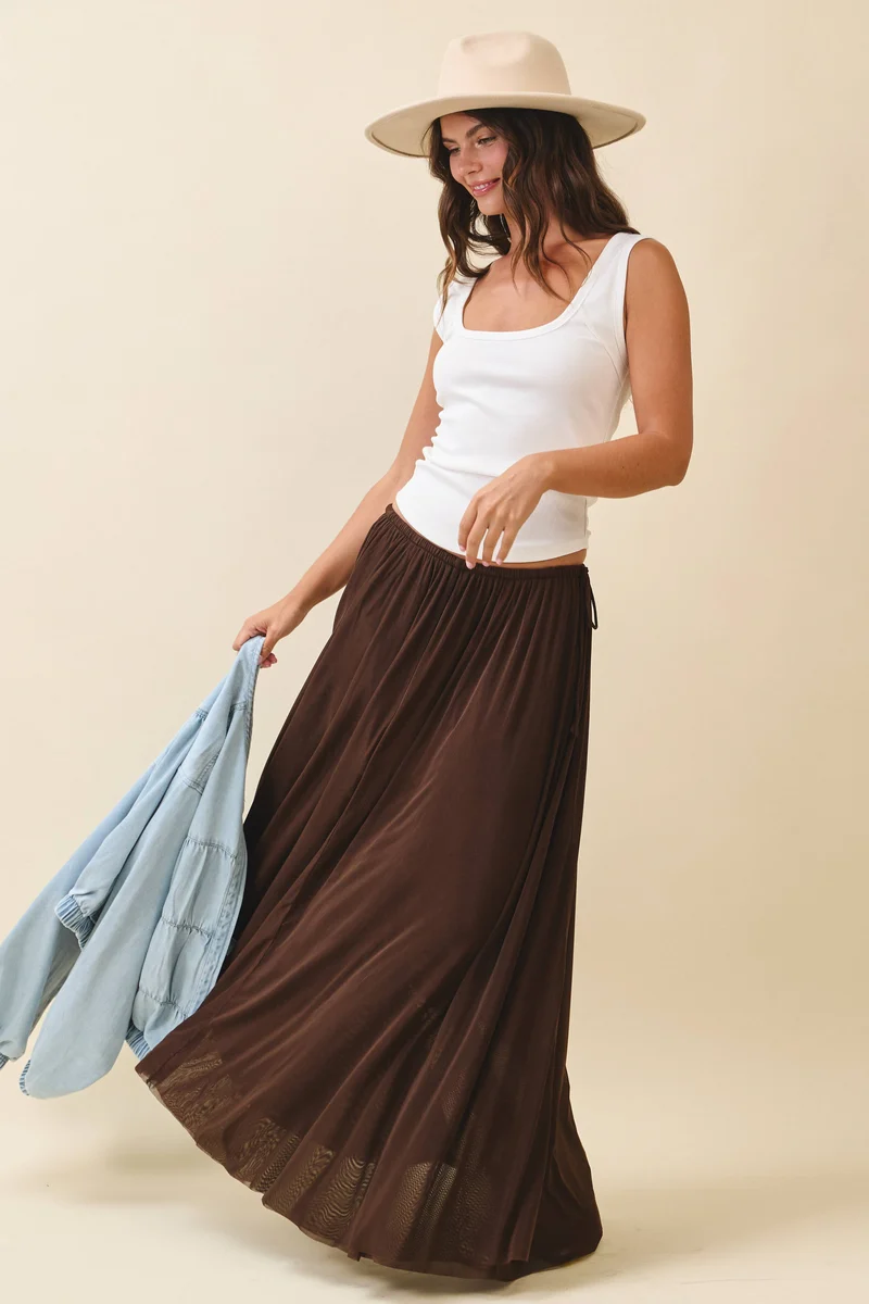 Flowy Mesh Maxi Skirt: Chocolate