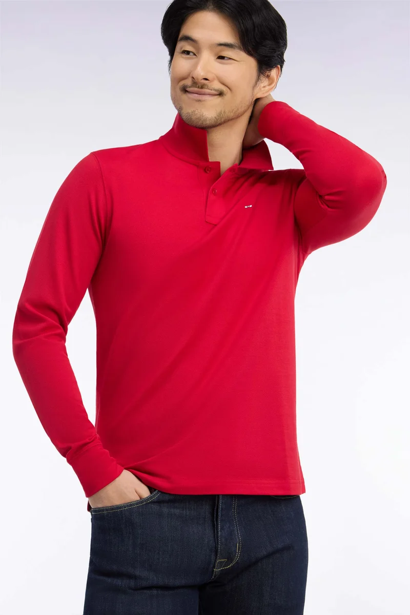 Polo manches longues en coton Pima rouge coupe droite