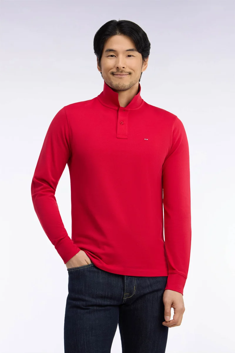 Polo manches longues en coton Pima rouge coupe droite