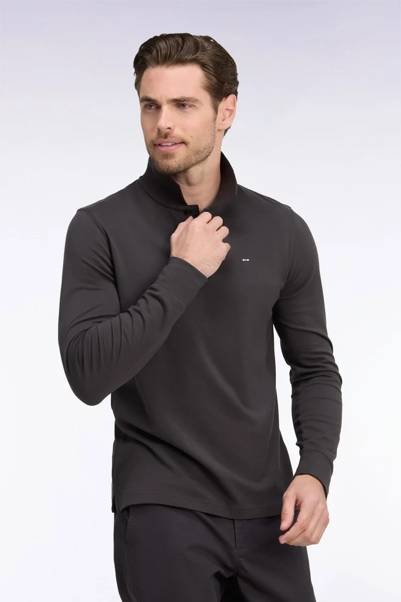 Polo manches longues en coton Pima marron foncé coupe droite