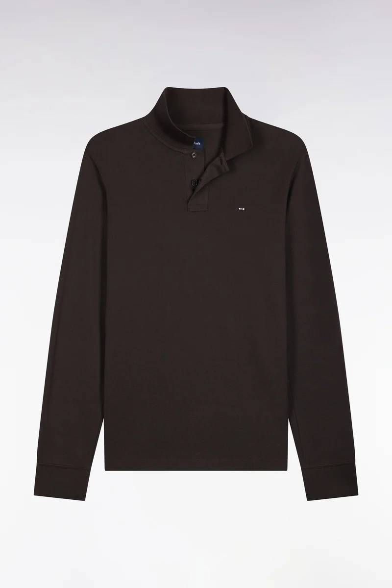 Polo manches longues en coton Pima marron foncé coupe droite