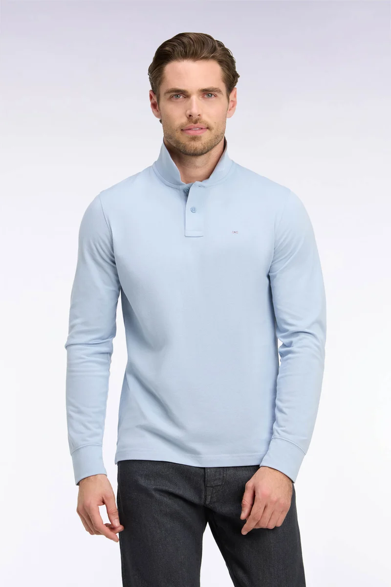 Polo manches longues en coton Pima bleu ciel coupe droite