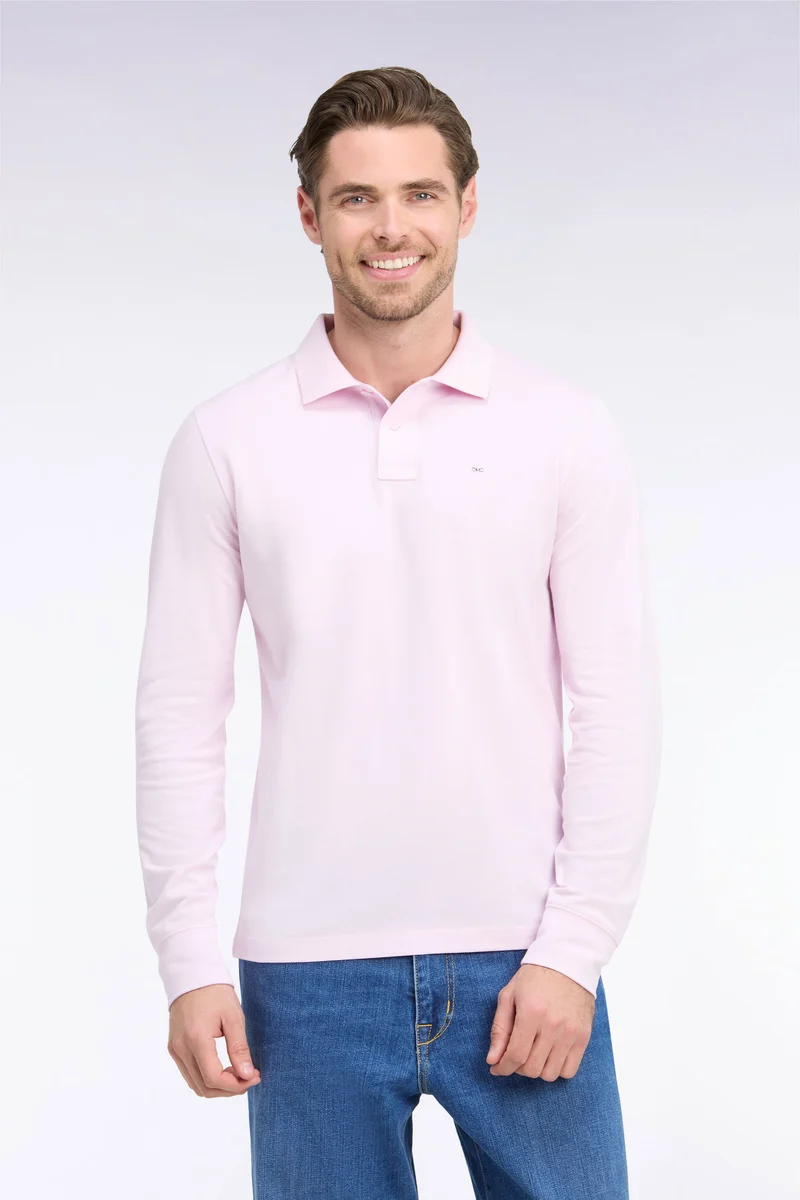 Polo manches longues en coton Pima rose coupe droite