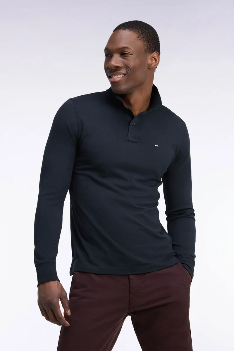 Polo manches longues en coton Pima noir coupe droite