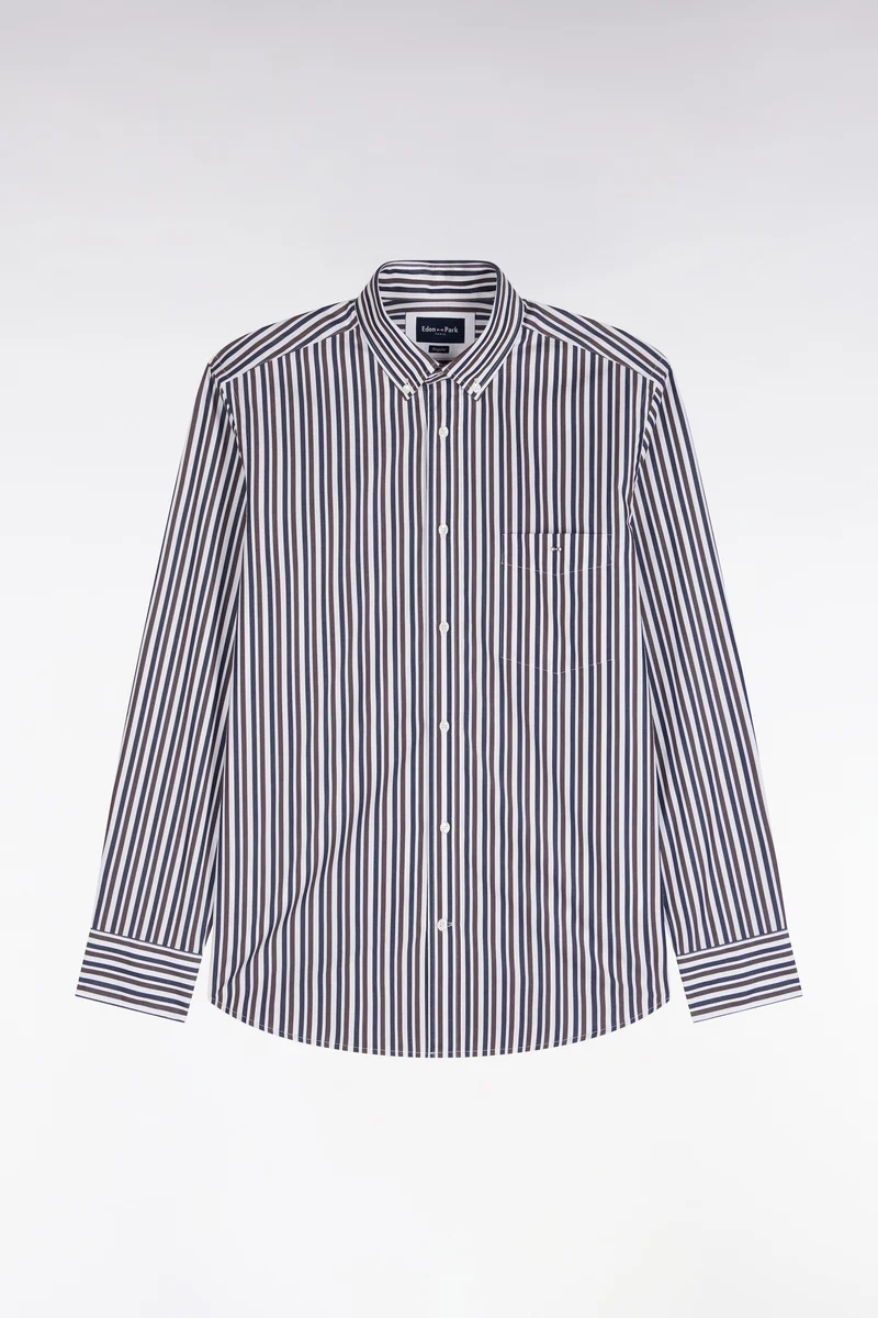 Chemise en popeline de coton à rayures marron coupe droite