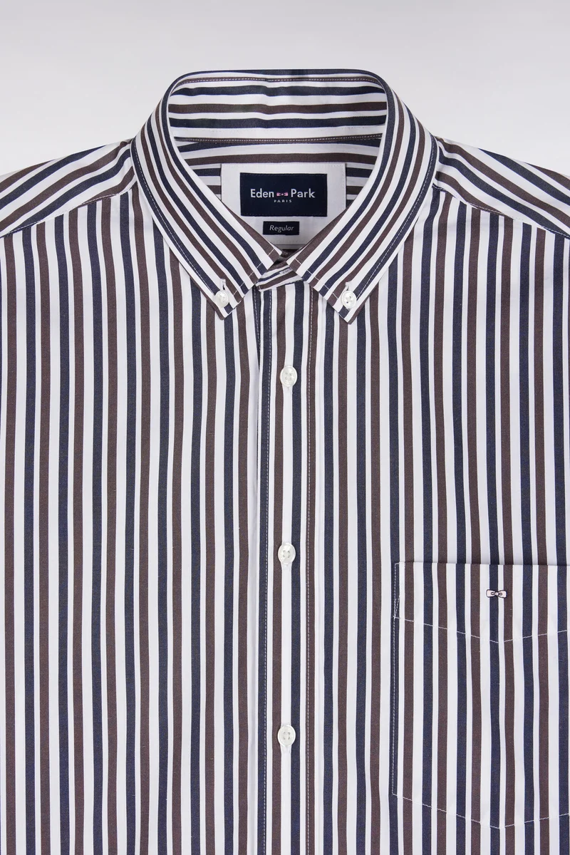 Chemise en popeline de coton à rayures marron coupe droite