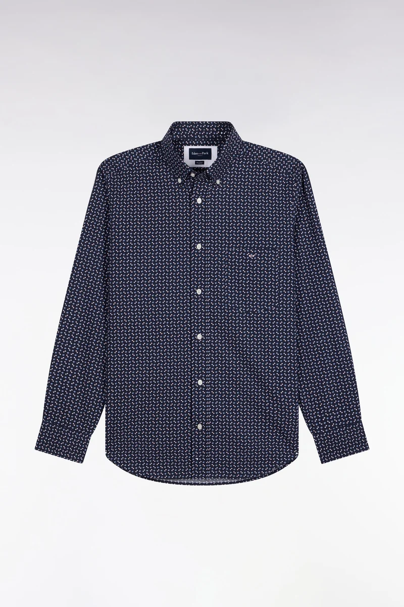 Chemise en popeline de coton marine à micromotifs bleus coupe droite