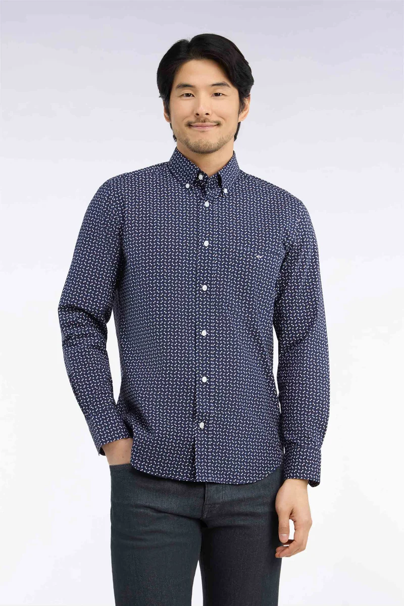 Chemise en popeline de coton marine à micromotifs bleus coupe droite
