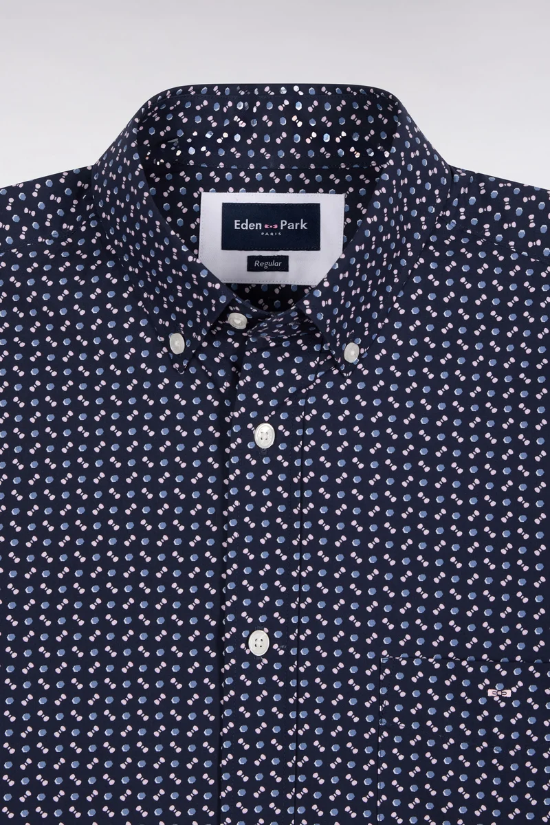 Chemise en popeline de coton marine à micromotifs bleus coupe droite