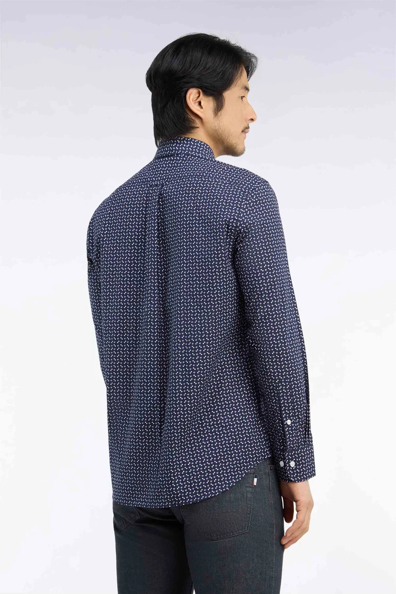 Chemise en popeline de coton marine à micromotifs bleus coupe droite