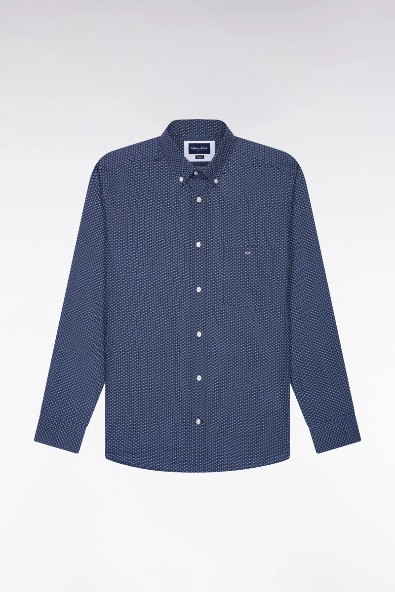 Chemise en coton bleu à micromotifs coupe droite