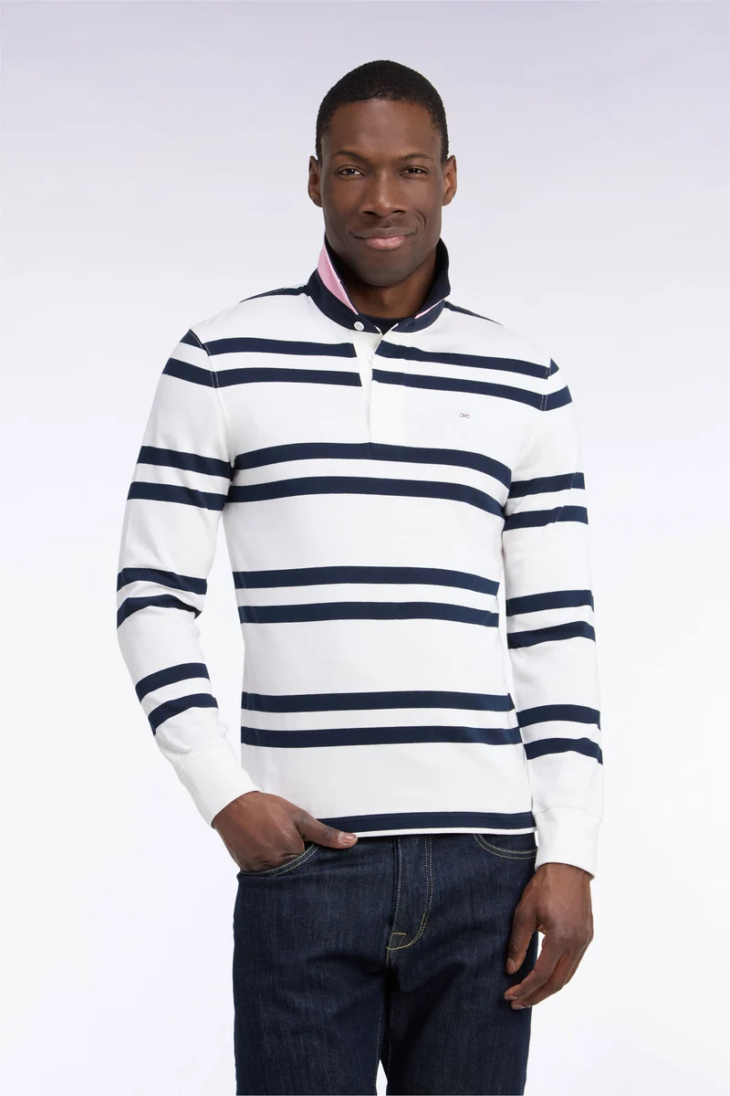 Maillot manches longues en jersey coton blanc à rayures marine coupe regular