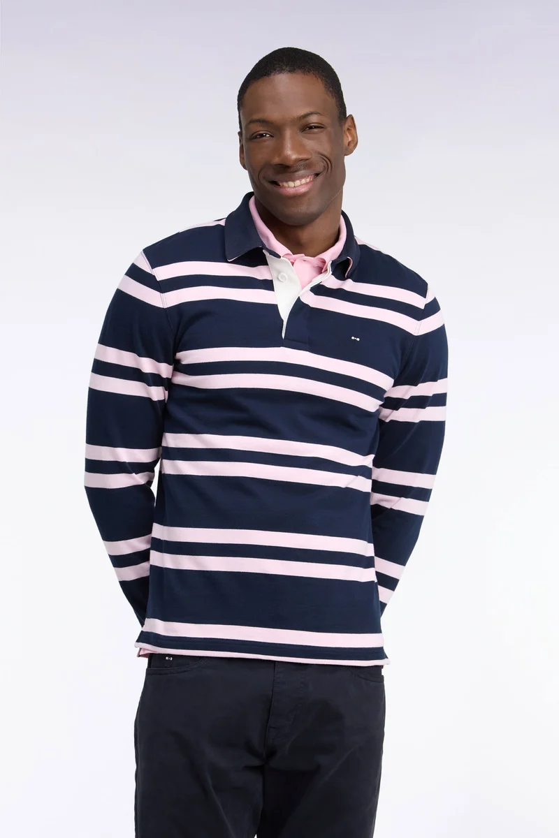 Maillot manches longues en jersey coton marine à rayures roses coupe regular