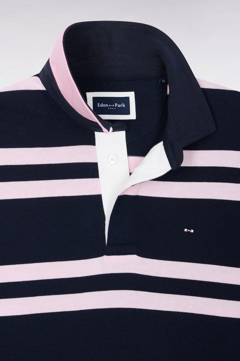 Maillot manches longues en jersey coton marine à rayures roses coupe regular