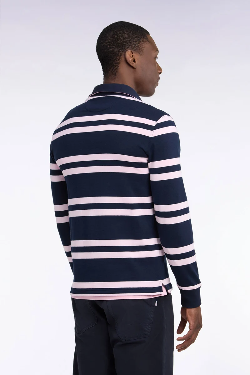 Maillot manches longues en jersey coton marine à rayures roses coupe regular