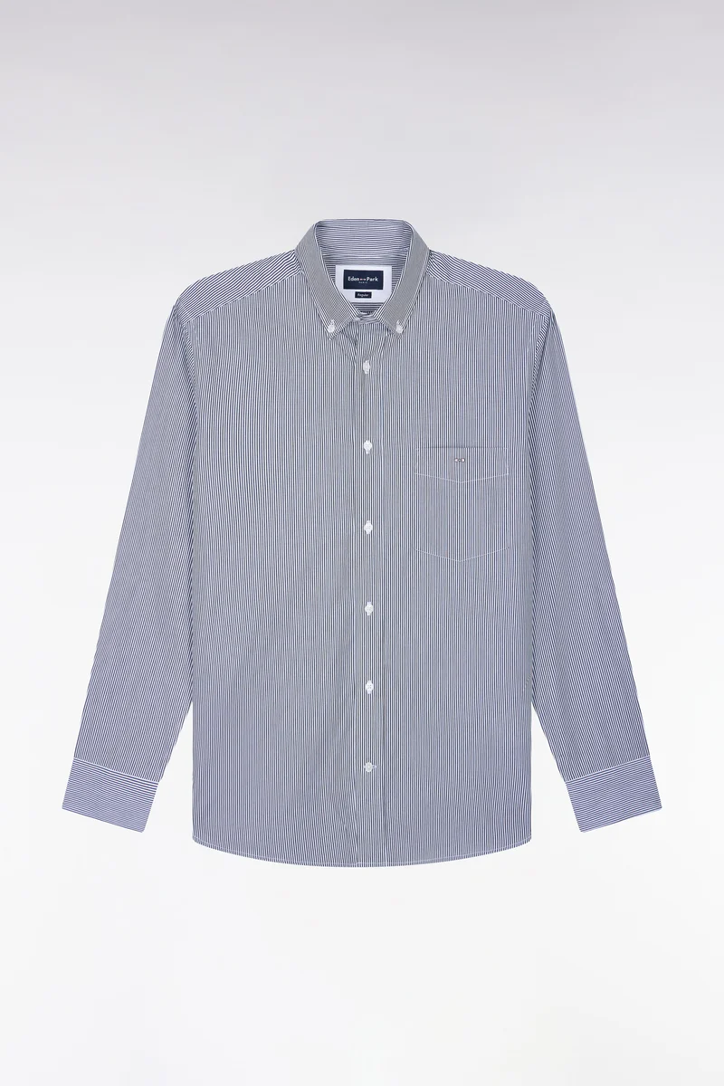 Chemise en coton blanc à fines rayures marine coupe droite