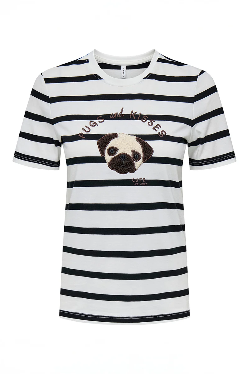 Le t-shirt rayé blanc et noir avec broderie de chien