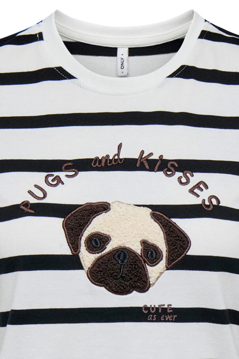 Le t-shirt rayé blanc et noir avec broderie de chien