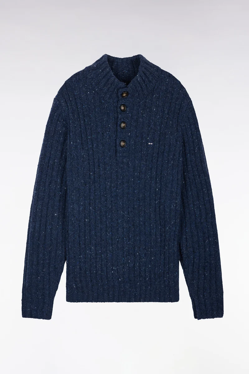 Pull à col montant boutonné en maille épaisse côtelée bleu chiné